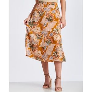 Tropical Pattern Midi Skirt in Mustard Size L